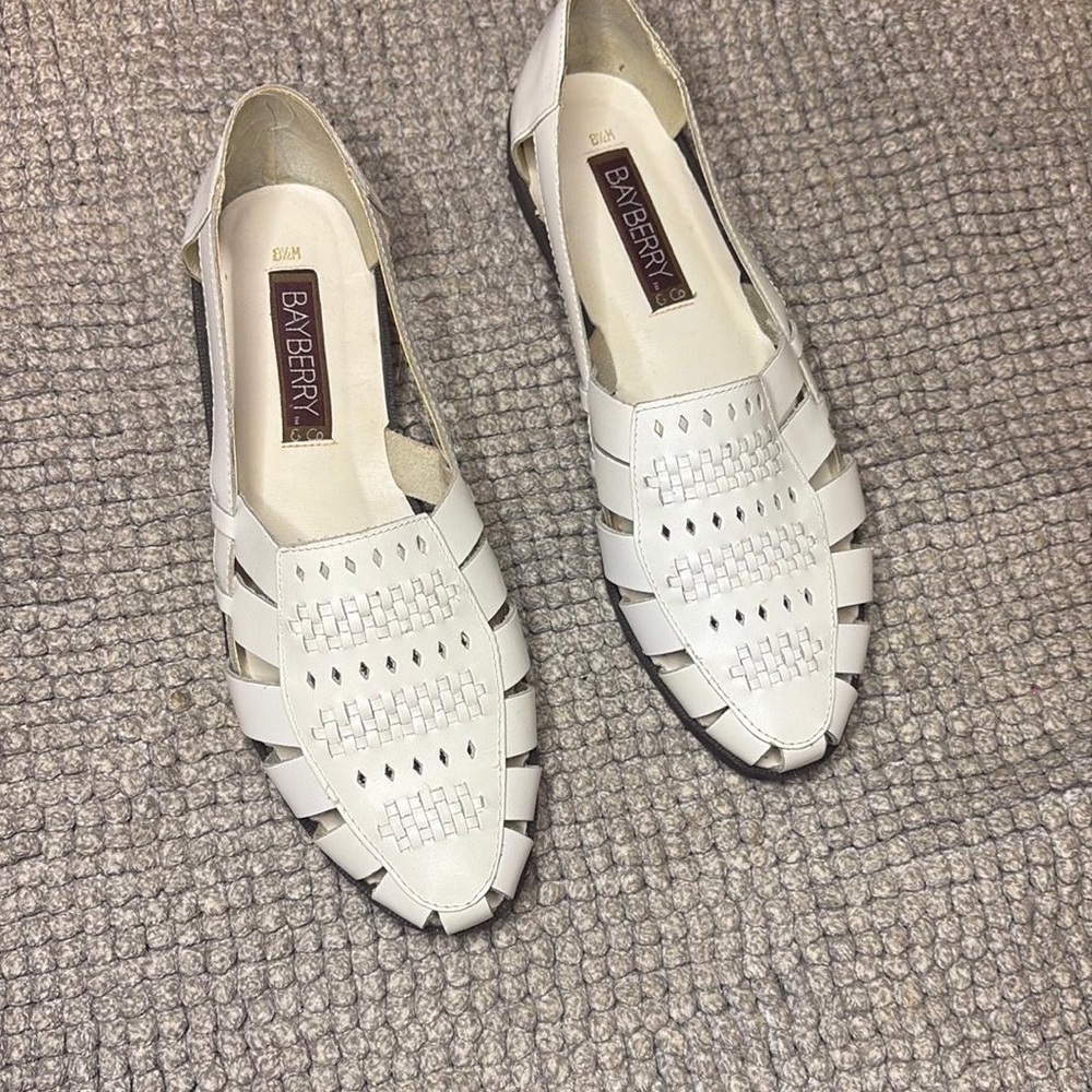 White Leather Flats with Woven Design